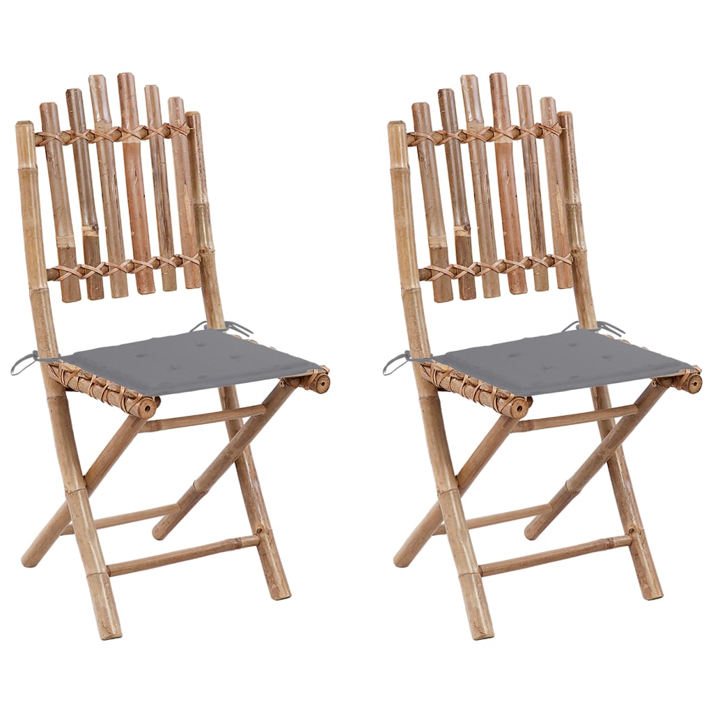 Set de 2 scaune pliabile de gradina, vidaXL, Bambus-textil, 50 x 42 x 92 cm, Maro-Perne gri deschis