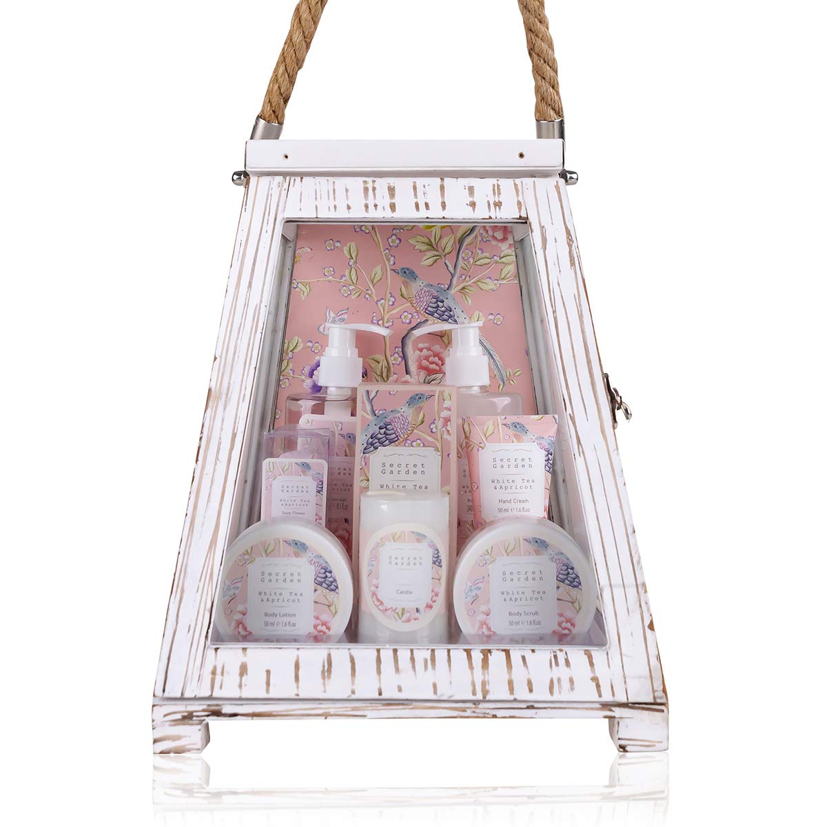 Set de baie Cadou, Accentra, SECRET GARDEN, in felinar mare din lemn