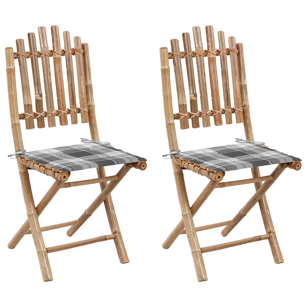 Set de 2 scaune pliabile de gradina, vidaXL, Bambus-textil, 50 x 42 x 92 cm, 4 cm, Maro-Perne model carouri gri