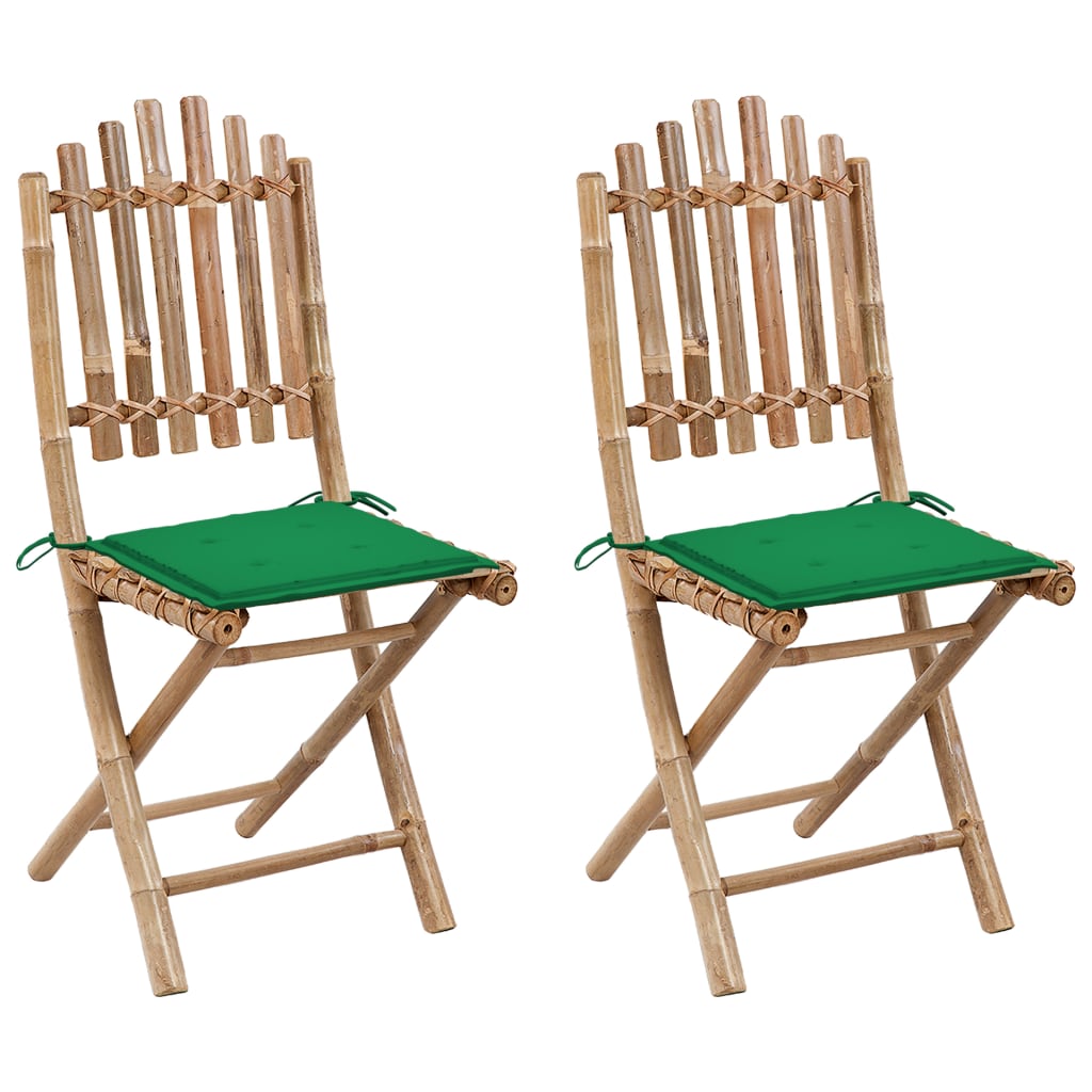 Set de 2 scaune pliabile de gradina, vidaXL, Bambus-textil, 50 x 42 x 92 cm, Maro-Perne verde