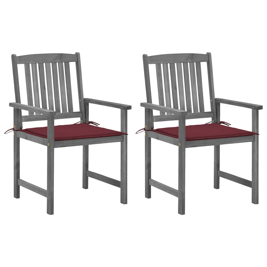 Set de 2 scaune de regizor, de gradina, cu perne, vidaXL, Lemn de acacia-poliester, 61 x 57 x 92 cm, Gri/Rosu bordo