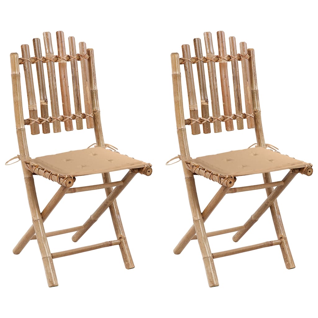 Set de 2 scaune pliabile de gradina, vidaXL, Bambus-textil, 50 x 42 x 92 cm, Maro-Perne bej