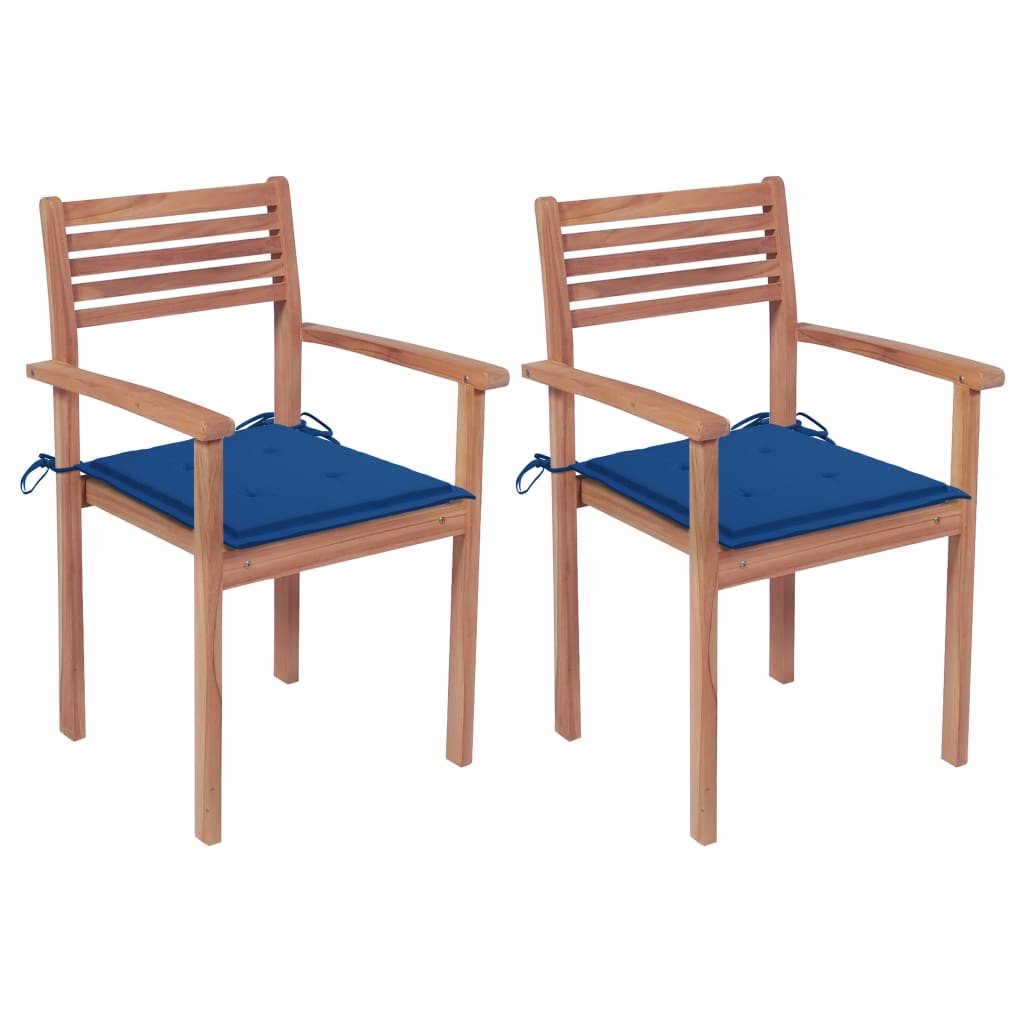 Set de 2 scaune de gradina cu perne, vidaXL, Lemn de tec slefuit fin - poliester, 56 x 51 x 90 cm, 4 cm, Maro/Albastru regal