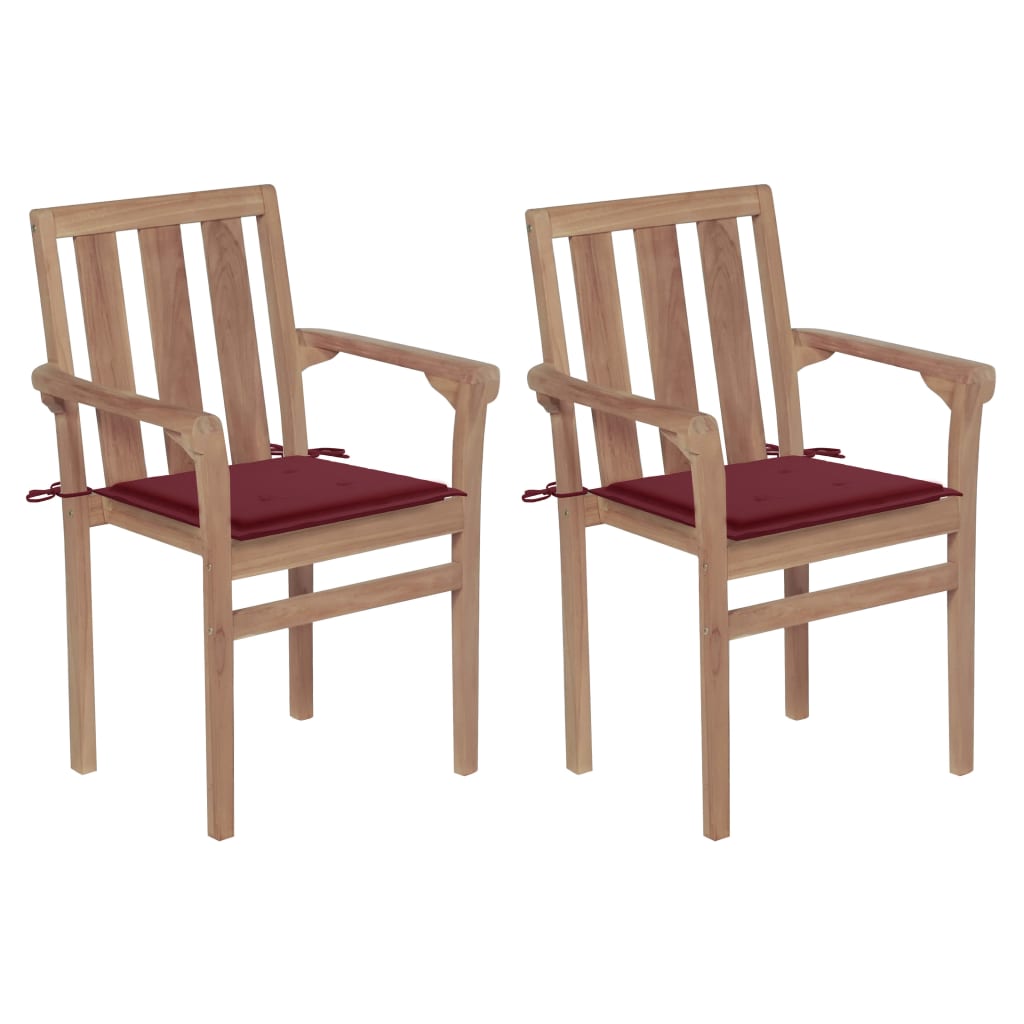 Set de 2 scaune de gradina cu perne, vidaXL, Lemn de tec slefuit - poliester, 58 x 50 x 89 cm, Maro/Rosu bordo