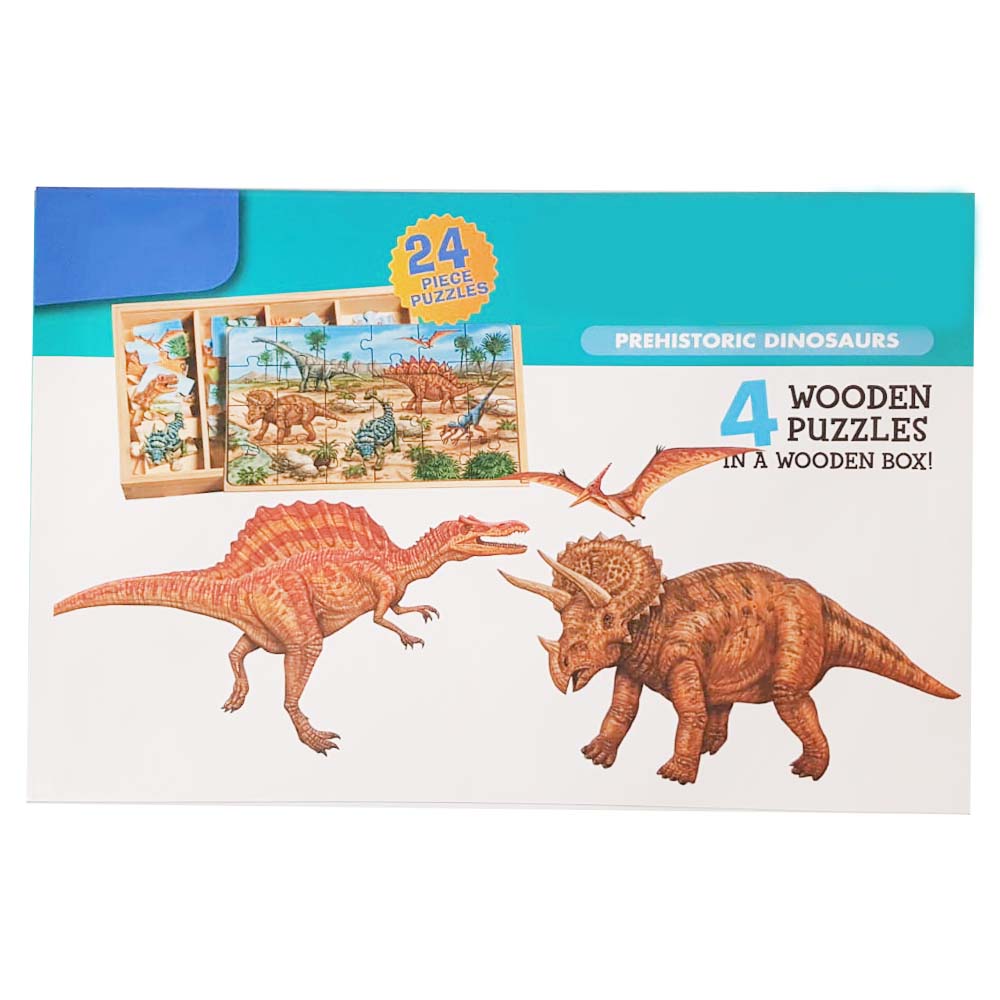 Puzzle 4 in1 in cutie din lemn, cu 96 piese, Prehistoric Dinosaurs, WD9007-B RCO®