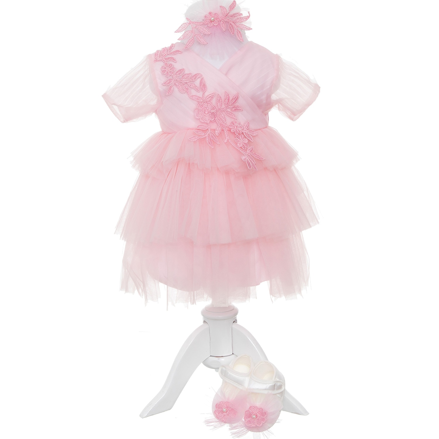 Set Rochita Fairy Princess Eleganta AKU pentru Botez si Aniversari, din 5 piese, ROZ 3-6 luni, Lungime 40 cm, AK7431