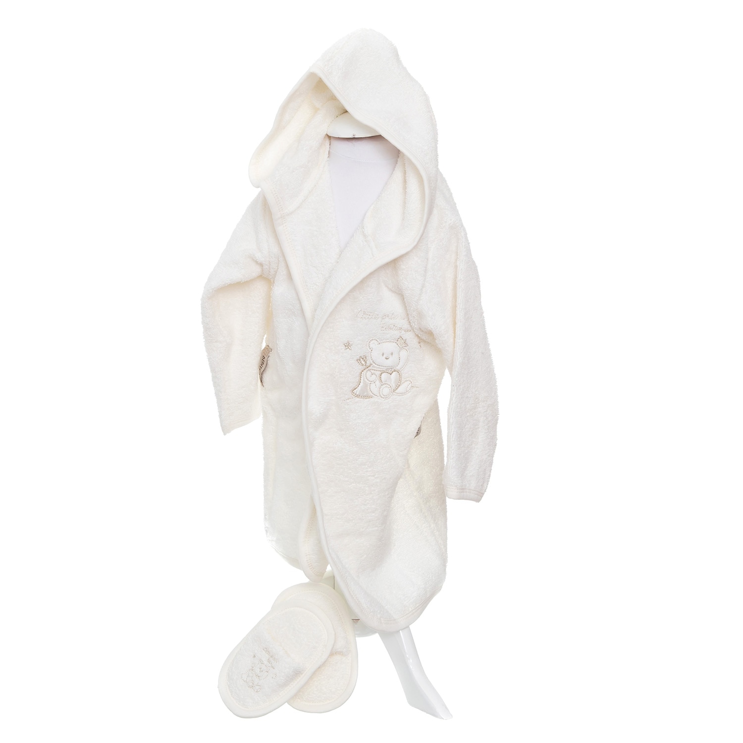 Set cadou Copii 4 piese pentru baie, 2-3 ani, din halat de baie cu gluga, prosop papuci si manusa, broderie Ursulet, Alb AK7415