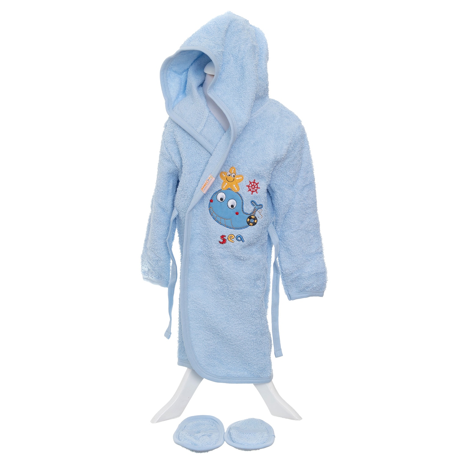 Set cadou Copii 4 piese pentru baie, 2-3 ani, din halat de baie cu gluga, prosop papuci si manusa, broderie Sea World, Bleu AK7418