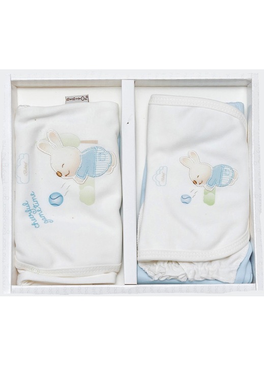Set cadou 5 Piese pentru Nou nascuti/Bebelusi, din Bumbac organic, Imprimeu Iepuras, BABITOF AKU BABY, 0-3 luni, ambalat in cutie, Alb/Bleu AK7428
