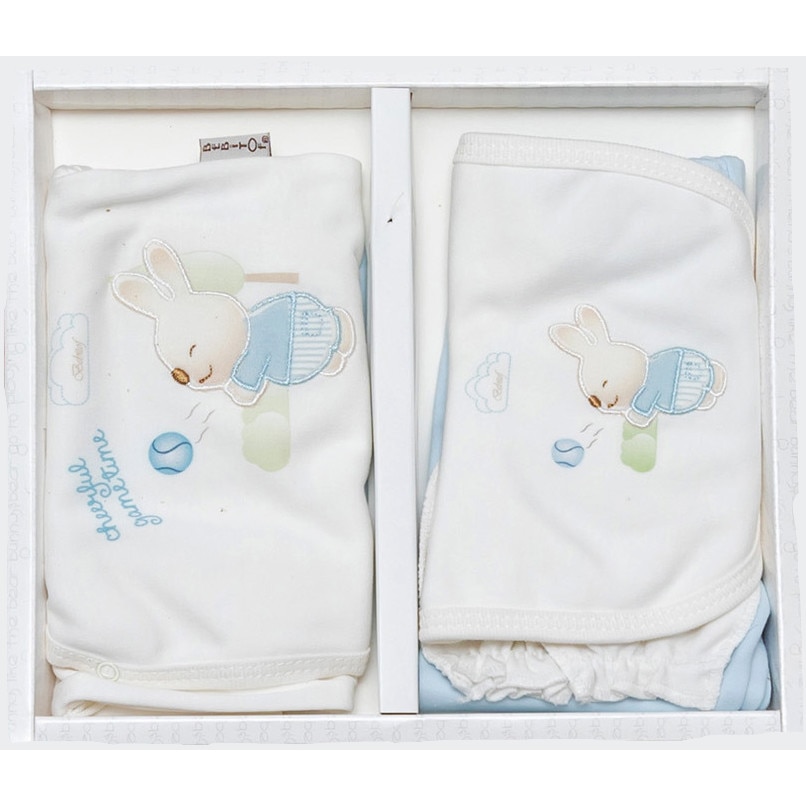 Set cadou 5 Piese pentru Nou nascuti/Bebelusi, din Bumbac organic, Imprimeu Iepuras, BABITOF AKU BABY, 0-3 luni, ambalat in cutie, Alb/Bleu AK7428