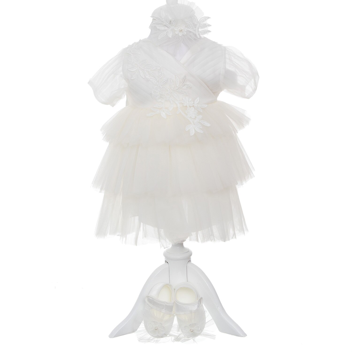Set Rochita Fairy Princess Eleganta AKU pentru Botez si Aniversari, din 5 piese, Alb 3-6 luni, Lungime 40 cm, AK7405