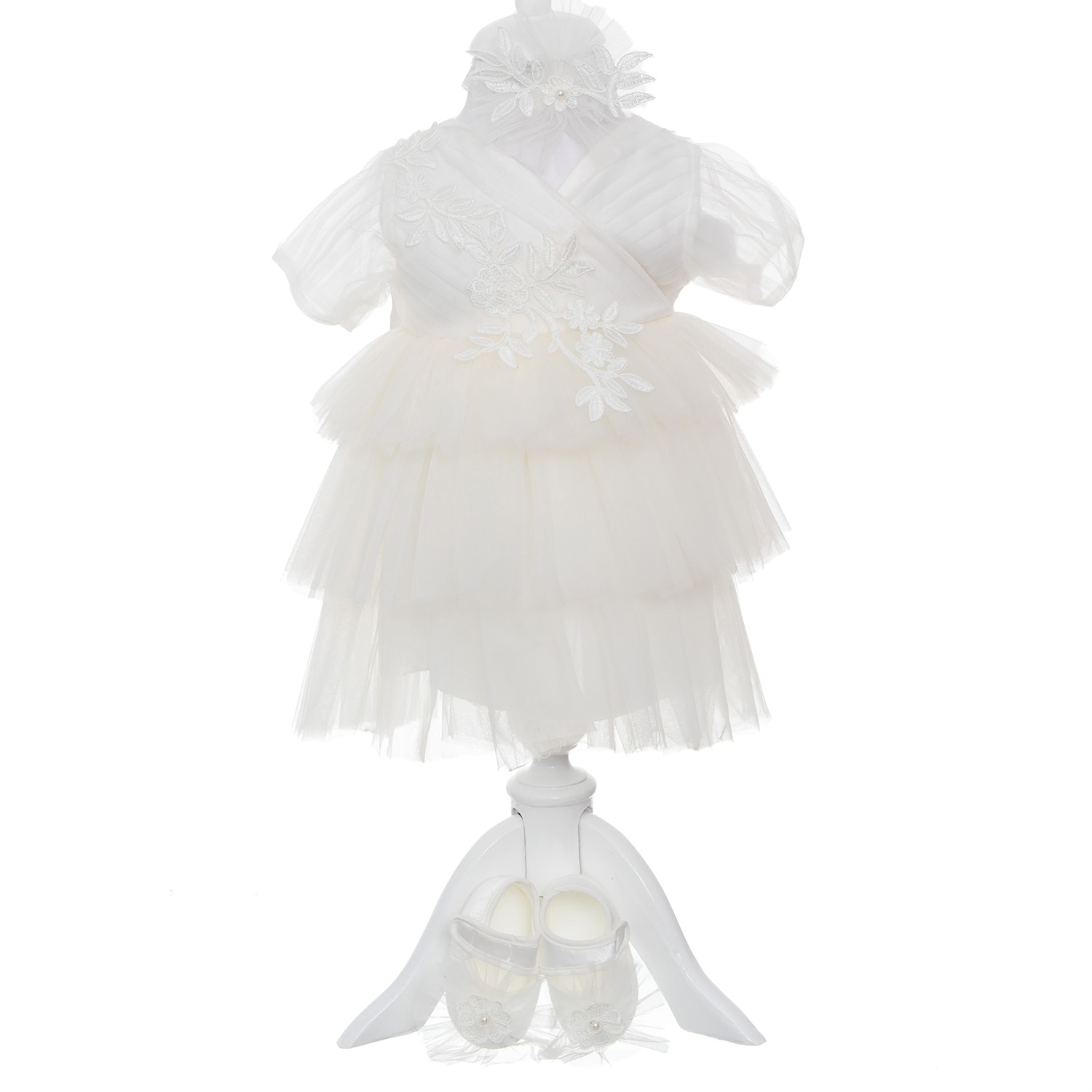 Set Rochita Fairy Princess Eleganta AKU pentru Botez si Aniversari, din 5 piese, Alb 0-3 luni, Lungime 38 cm, AK7405
