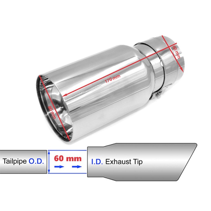 Накрайник за Ауспух Proparts, Единичен, Спортен, Неръждаема стомана, 60 мм вход, 80 мм изход