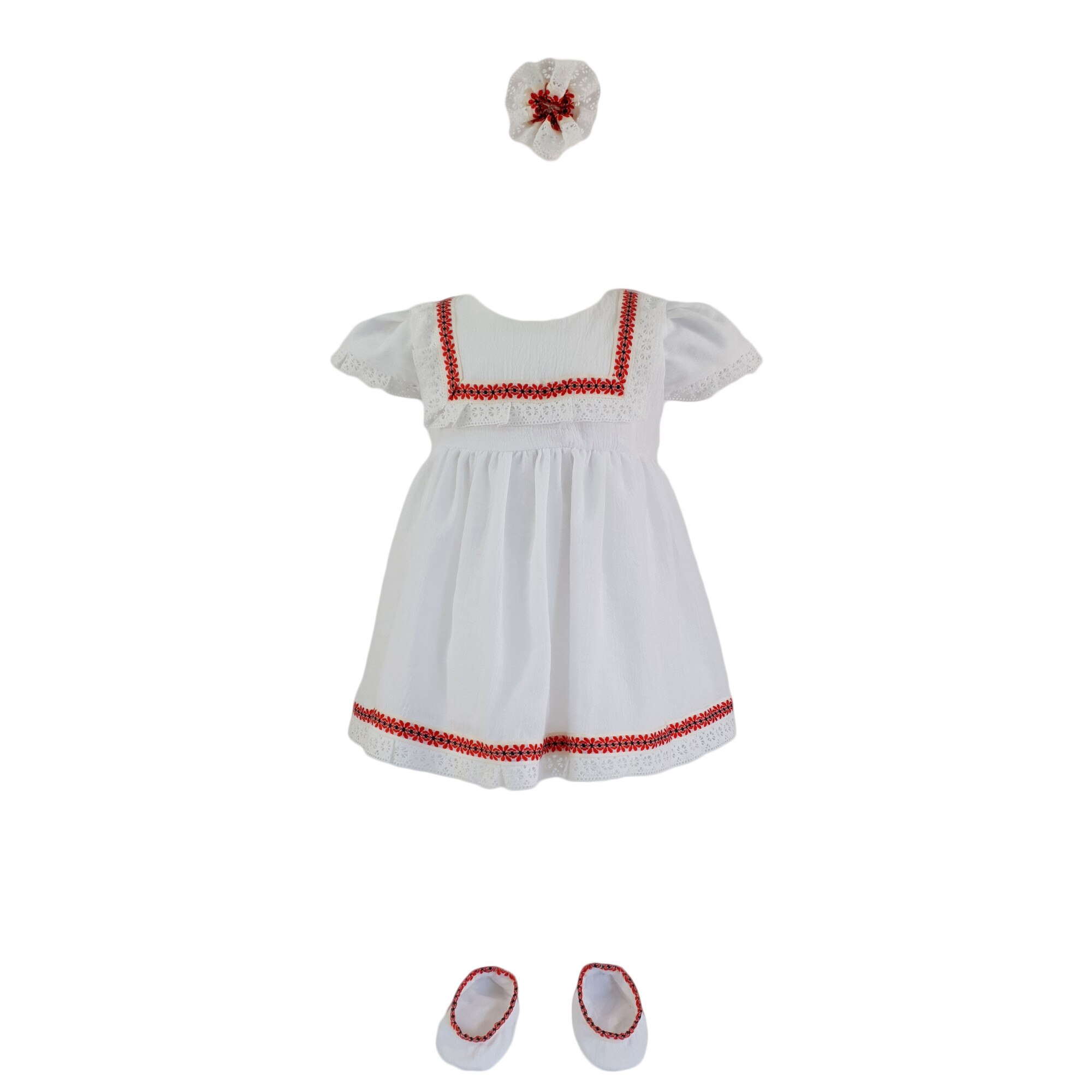 Rochie botez, model Miss, culoare alb-rosu, varsta 0-3 luni