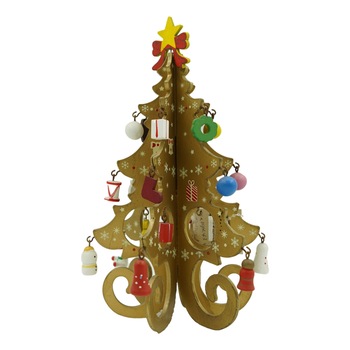 Decoratiune Craciun, Brad, Auriu, 6 cavitati cu ornamente, 12 cm x 20 cm, Lemn, Flippy