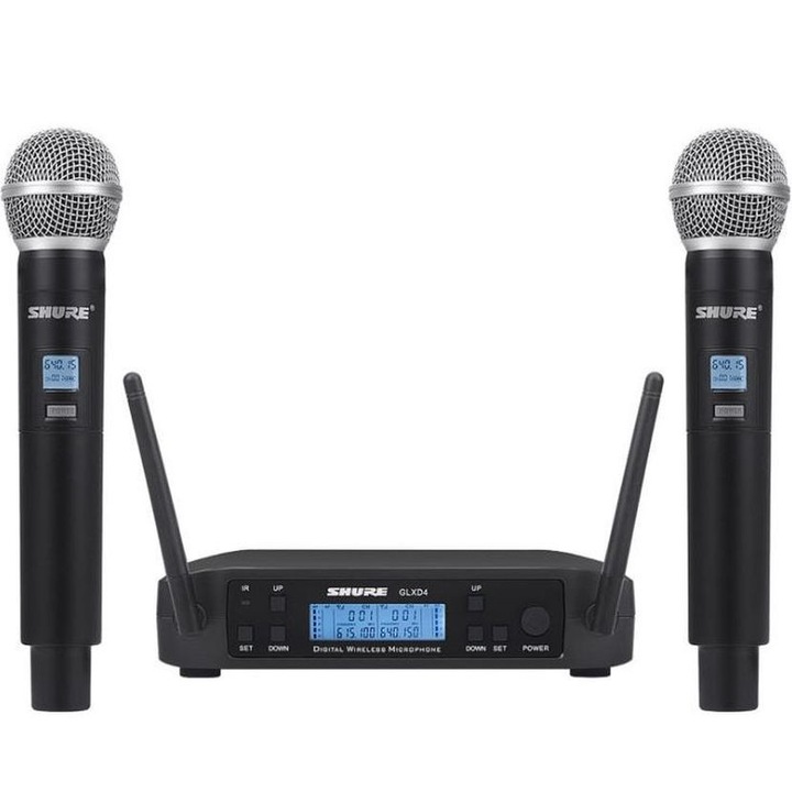 Set 2 Microfoane Wireless si Receiver UHF cu Display, XLR, 200 Frecvente, pentru Sonorizare Evenimente, Karaoke, Shure GLXD4