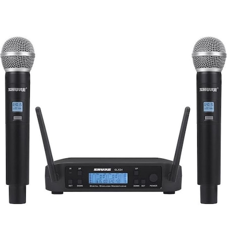 Set 2 Microfoane Wireless si Receiver UHF cu Display, XLR, 200 Frecvente, pentru Sonorizare Evenimente, Karaoke, Shure GLXD4