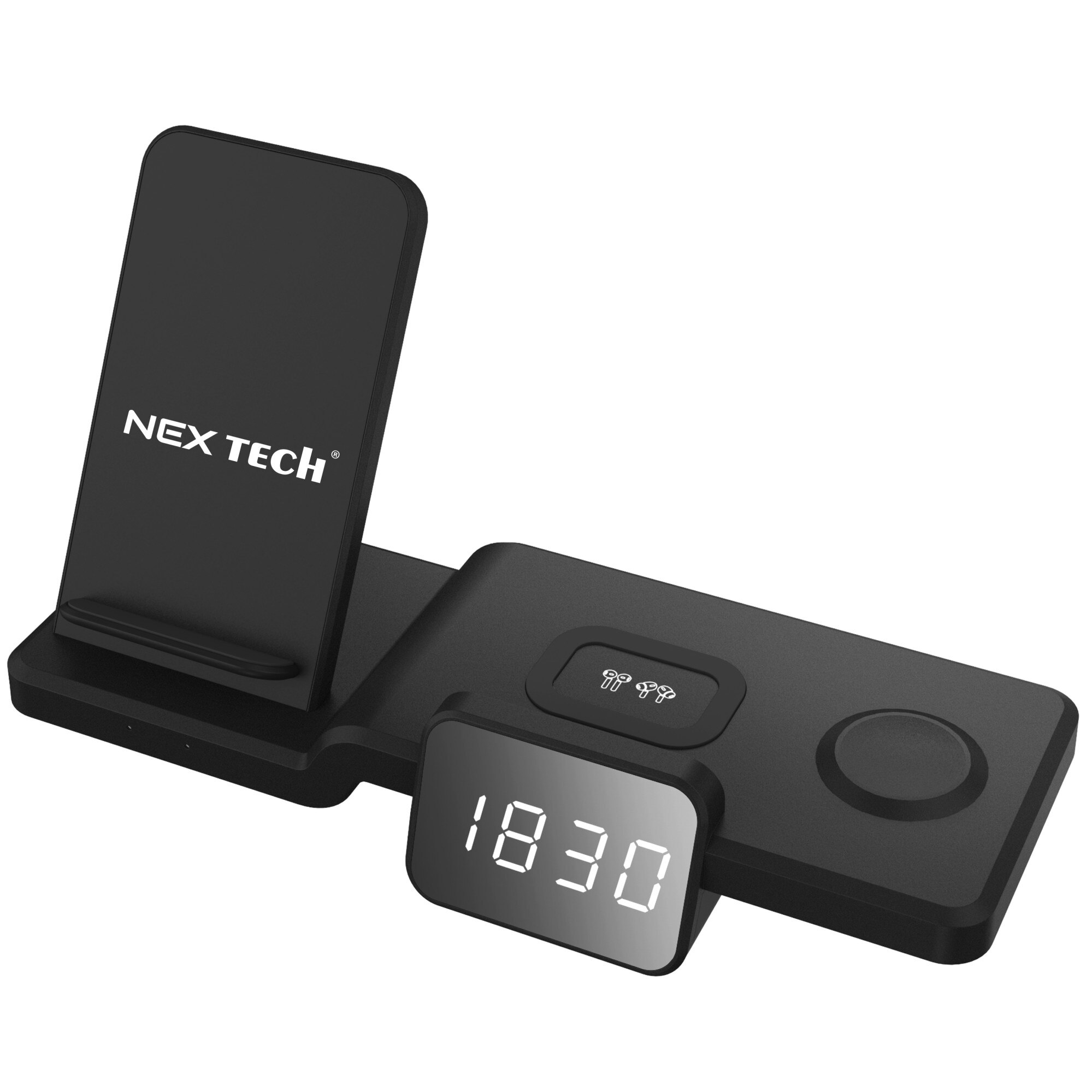Incarcator Wireless 3 in 1 cu ceas digital 15W NEX TECH® Incarcare Rapida Compatibil cu iWatch, Airpods, Samsung, Apple, Afisaj Digital, An, Data, Ora, Negru