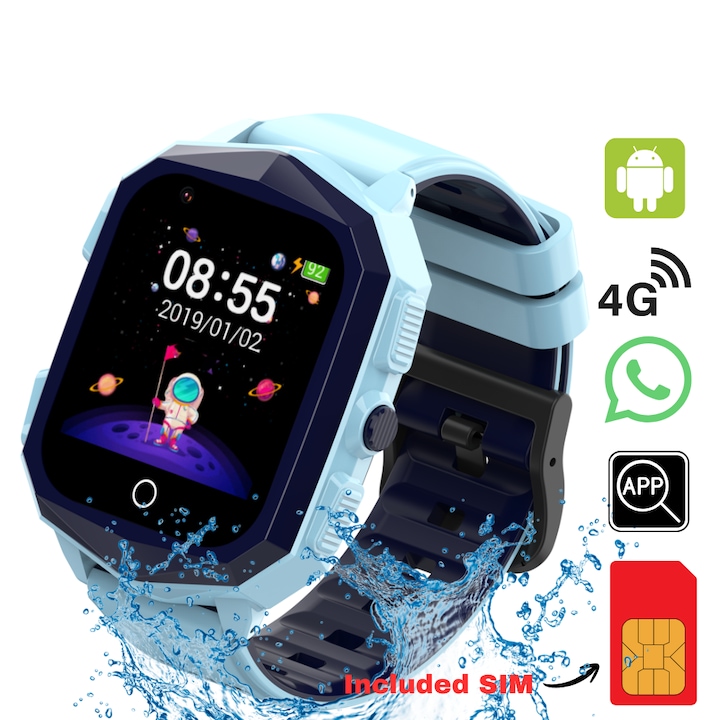 Ceas smartwatch GPS copii Techone™ KT20S 4G, 1.4 inch OGS, apel video, vibratii, camera ultrapixel, Wi-Fi, rezistent la apa IP67, telefon, fatete multiple, bluetooth, SOS, touchscreen, monitorizare spion, Albastru