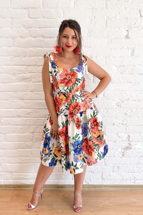 ambar studio, Rochie midi evazata cu imprimeu floral, Verde/Portocaliu stins/Alb murdar, XS