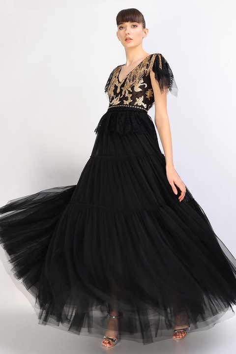 ambar studio, Rochie maxi de tul cu decoratiuni in partea de sus Karlia, Auriu/Negru
