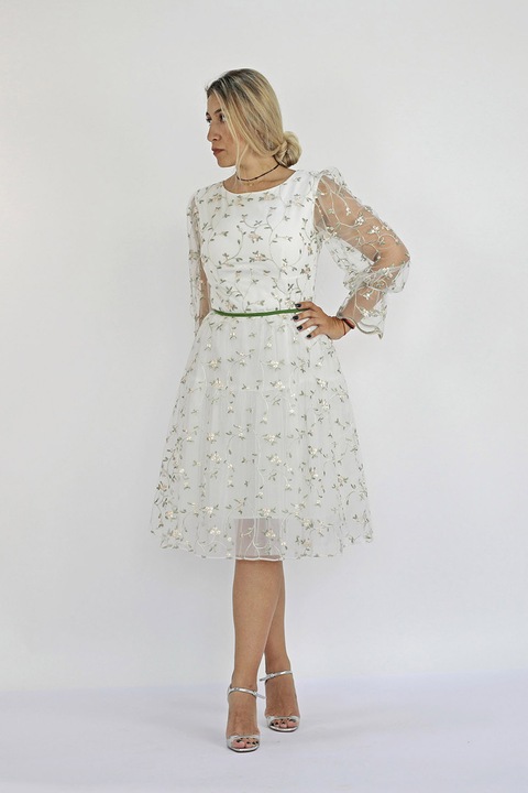 ambar studio, Rochie evazata cu broderie florala, Alb/Verde/Roz piersica