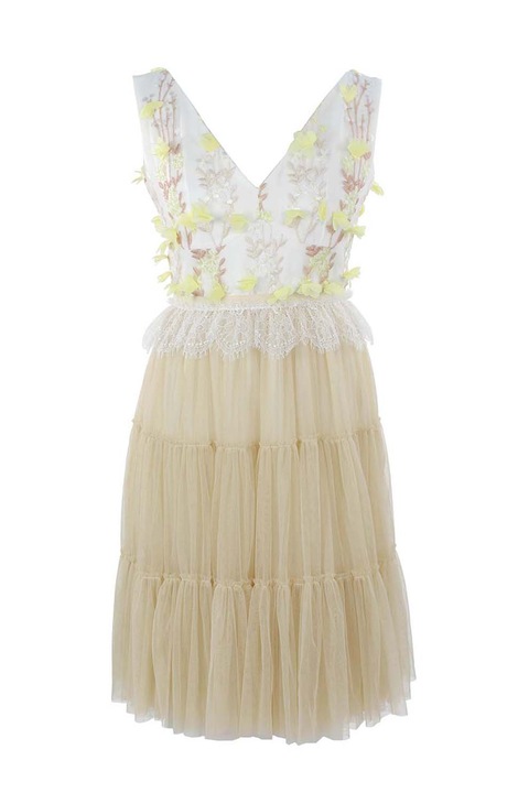 ambar studio, V-nyakú ruha virágos hímzéssel, Fehér/Halványsárga/Tevebarna