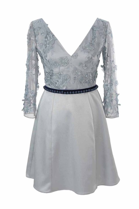 ambar studio, V-nyakú bővülő fazonú ruha virágos rátétekkel, Hamuszürke/Szénszürke