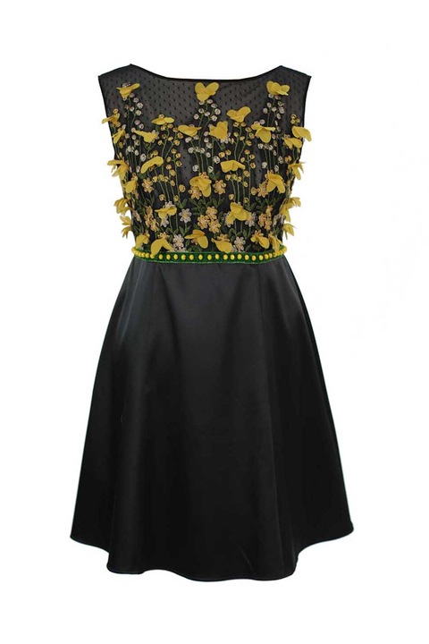 ambar studio, Crina bővülő fazonú ruha virágos részletekkel, Fekete/Sárga/Khaki