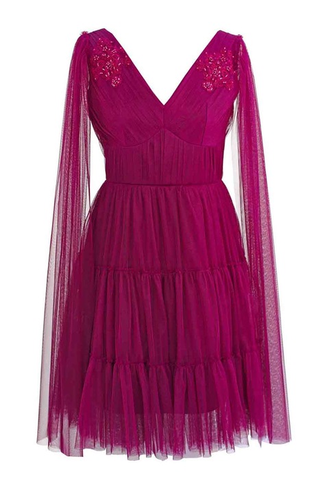 ambar studio, V-nyakú bővülő fazonú ruha rátétekkel, Bíborszín