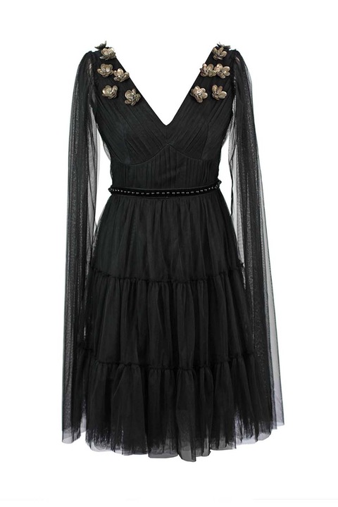 ambar studio, V-nyakú bővülő fazonú ruha virágos rátétekkel, Fekete/Drapp