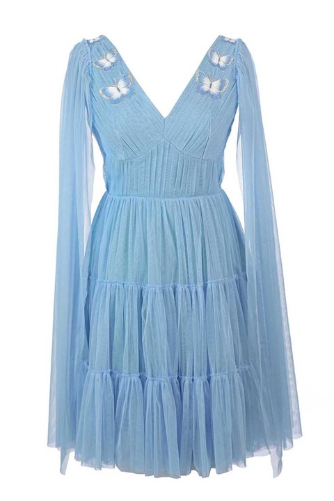 ambar studio, V-nyakú bővülő fazonú ruha pillangós rátétekkel, Fehér/Levendulakék/Ezüstszín