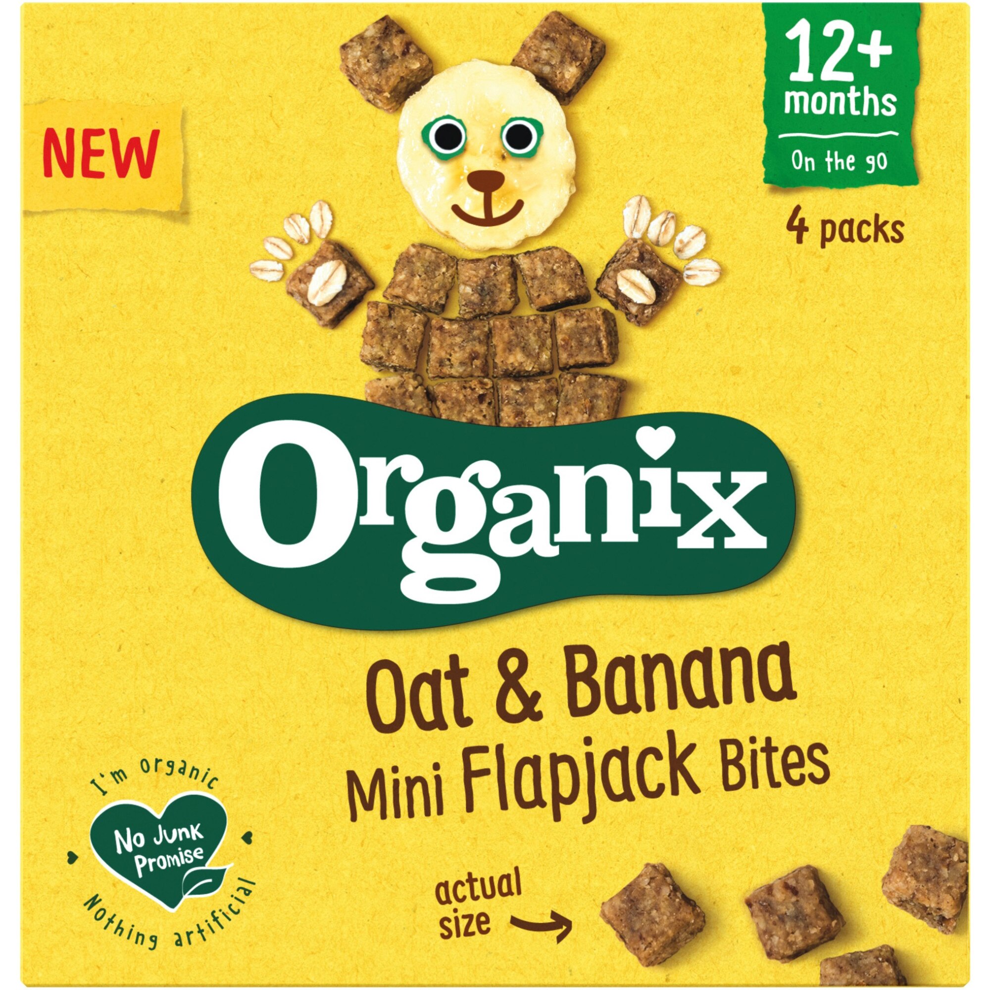 Cubulete moi din ovaz integral si banane Organix Bio Flapjack, 4buc x 20g, de la 12 luni