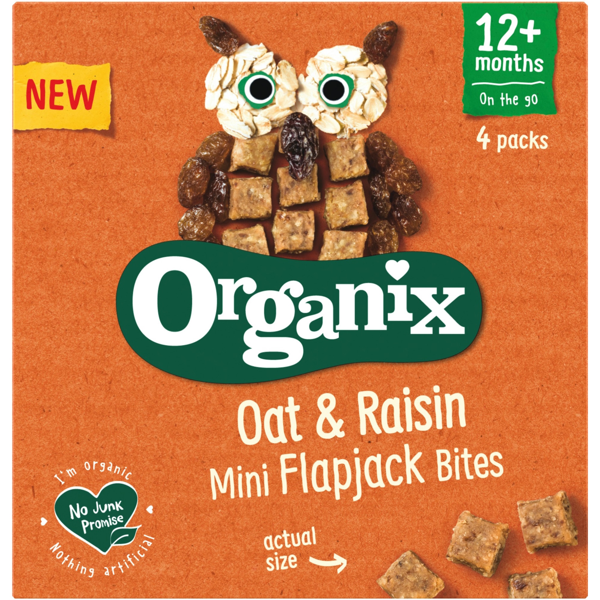 Cubulete moi din ovaz integral si stafide Organix Bio Flapjack, 4buc x 20g, de la 12 luni