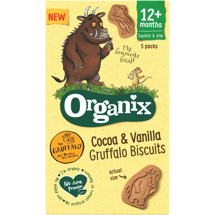 Biscuiti cu cacao si vanilie Organix Bio Gruffalo, 5buc x 20g, de la 12 luni