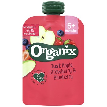 Piure de mere, capsuni si afine Organix Bio, 100g, de la 6 luni Piure de mere, capsuni si afine Organix Bio, 100g, de la 6 luni