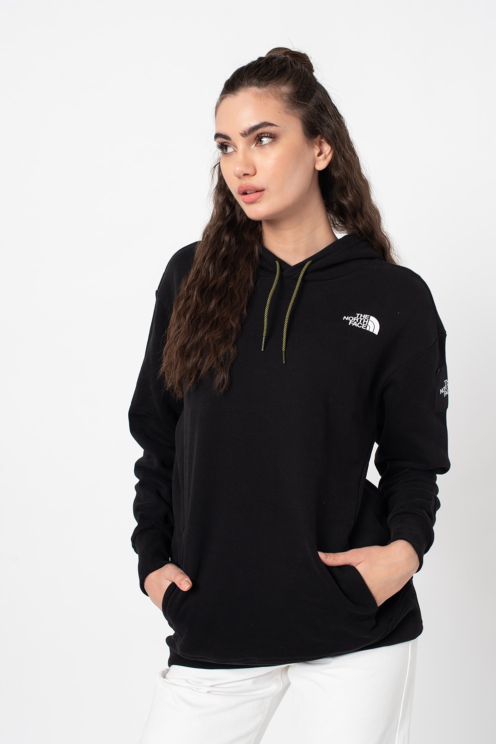 The North Face, Hanorac cu imprimeu logo pe spate, Negru/Alb/Galben