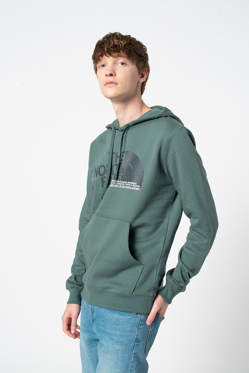 The North Face, Hanorac cu imprimeu logo si buzunar kangaroo, verde, gri inchis, alb