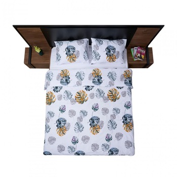 Lenjerie de pat dublu, 4 piese, 132TC, bumbac 100%, model Frunze, Multicolor Lenjerie de pat dublu, 4 piese, 132TC, bumbac 100%, model Frunze, Multicolor