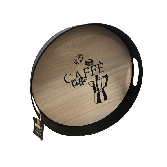 Tava servire cafea Excellent Houseware-Caffe, metal/lemn, 30 cm, maro/negru