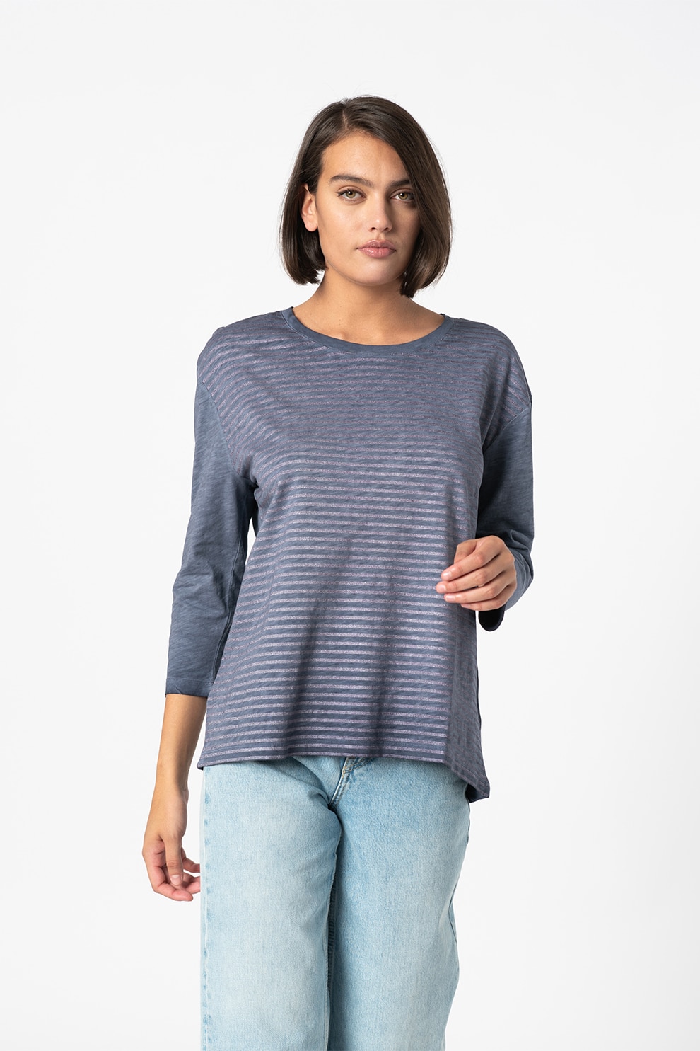 Z ONE by ZABAIONE, Bluza cu decolteu la baza gatului si maneci trei sferturi Polina, Albastru inchis/Violet ametist
