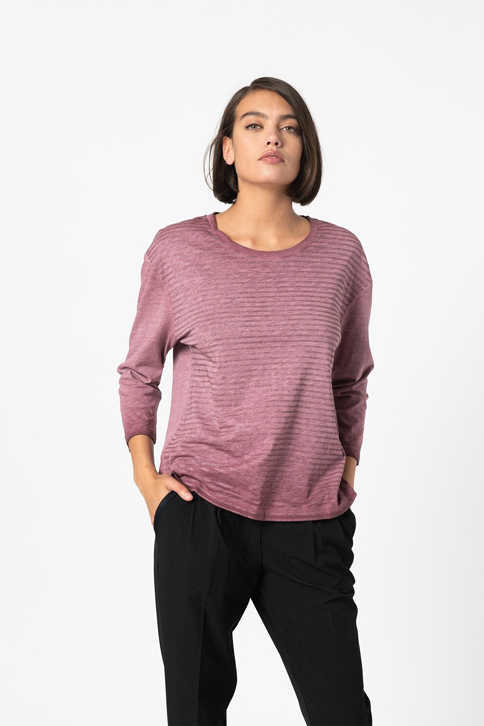 Z ONE by ZABAIONE, Bluza cu decolteu la baza gatului si maneci trei sferturi Polina, Violet prafuit