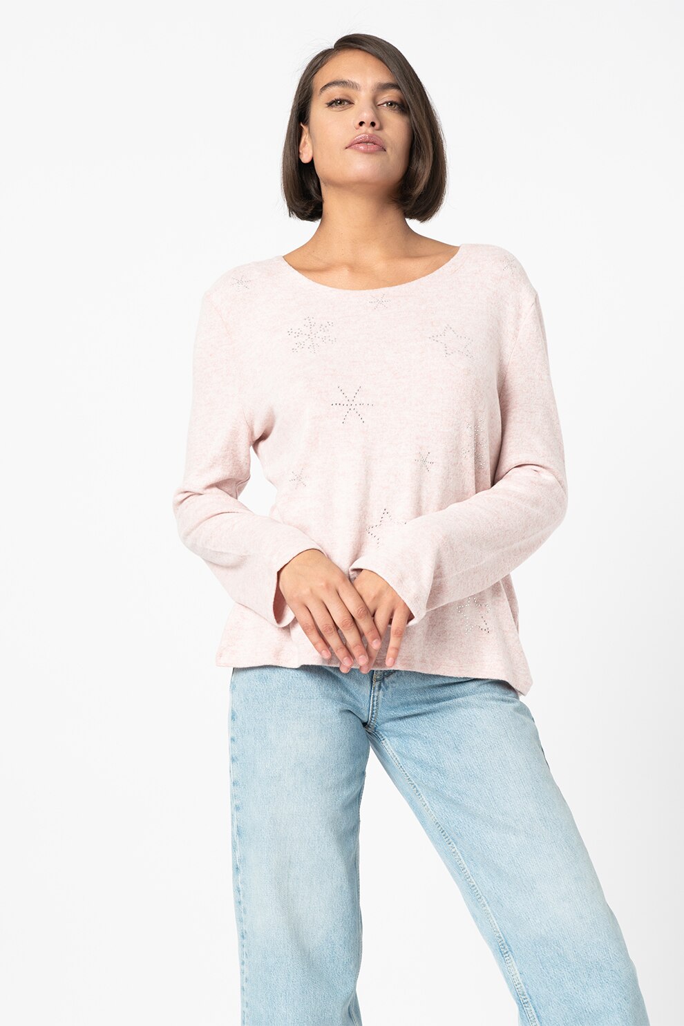 Z ONE by ZABAIONE, Pulover cu strasuri Geza, Roz pastel/Alb/Argintiu