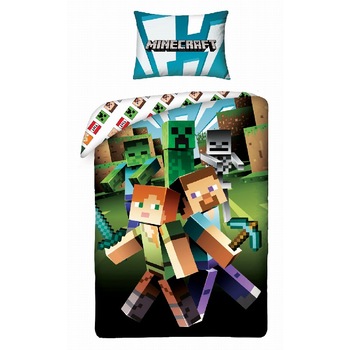 Set lenjerie pat Minecraft 201, Multicolor, 140x200 cm, 2 piese Set lenjerie pat Minecraft 201, Multicolor, 140x200 cm, 2 piese