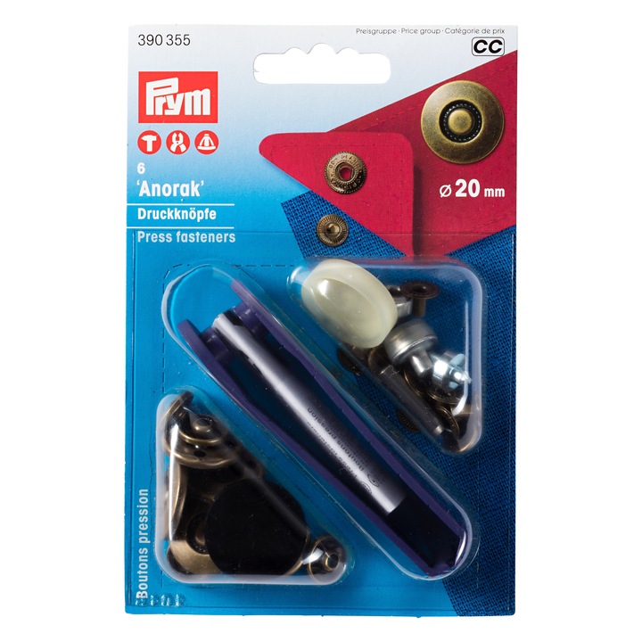 Set capse metalice, anorak pentru textile, de 20 mm, culoare alama antica, capac cu design, cu aplicator, 6 buc, Prym