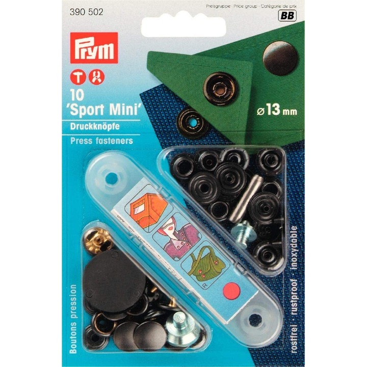 Set capse metalice Sport Mini, de 13 mm, pentru materiale rigide, negru oxid,10 buc cu aplicator, Prym