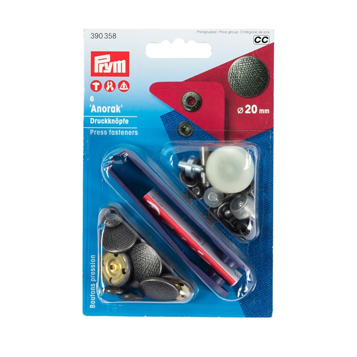 20 mm-es antik ezüst fém anorák szövet tűző szett Design sapka applikátorral 6 db Prym