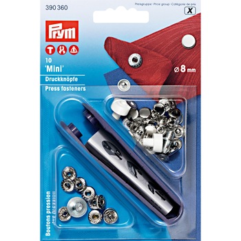 Set capse metalice Mini, de 8 mm, argintii, cu aplicator, 10 perechi, Prym Set capse metalice Mini, de 8 mm, argintii, cu aplicator, 10 perechi, Prym