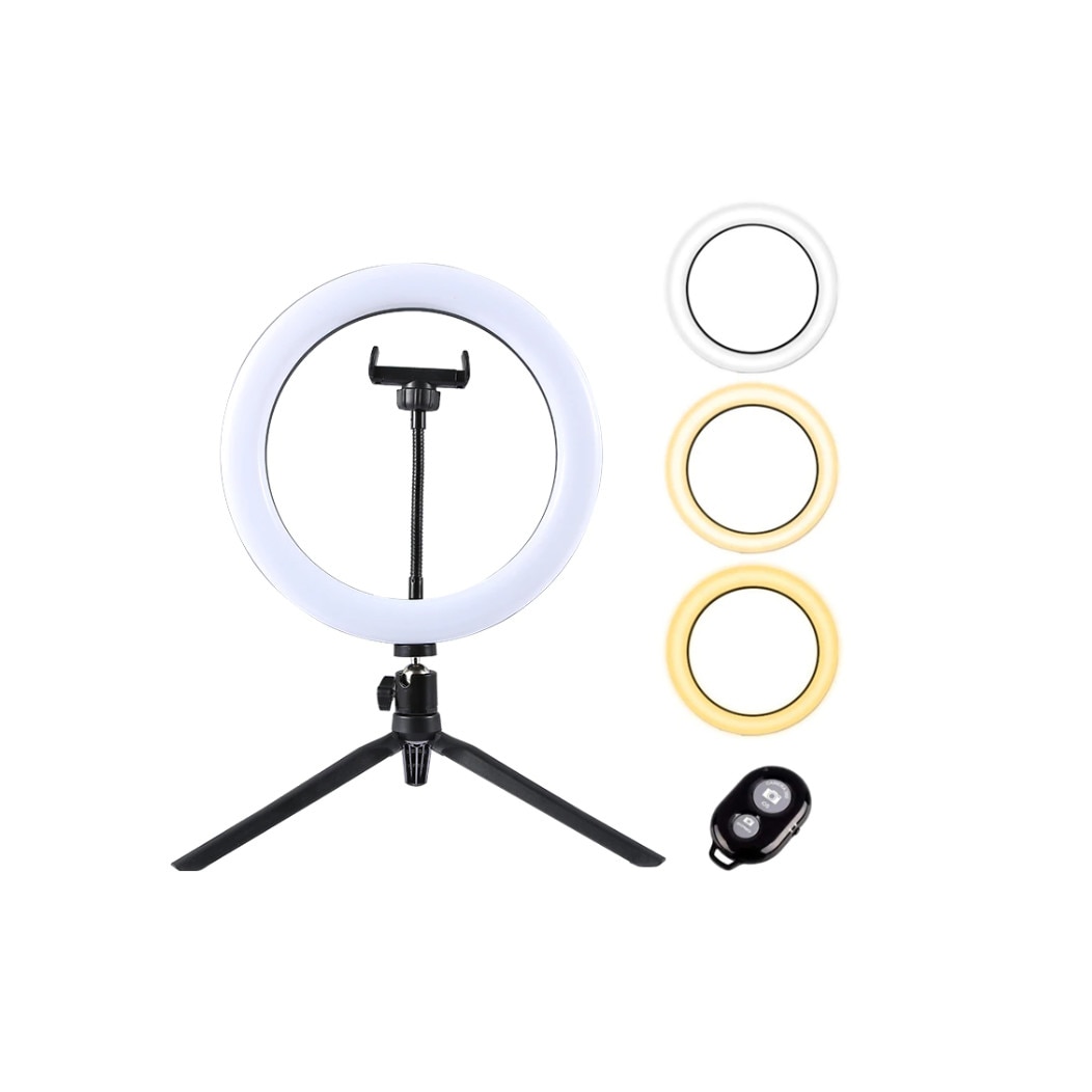 Lampa circulara Ring Light , diametru 16CM , LED , conectare USB , 3 moduri de lumina , 10 trepte reglaj , suport pentru telefon , telecomanda bluetooth pentru selfie , JRH®