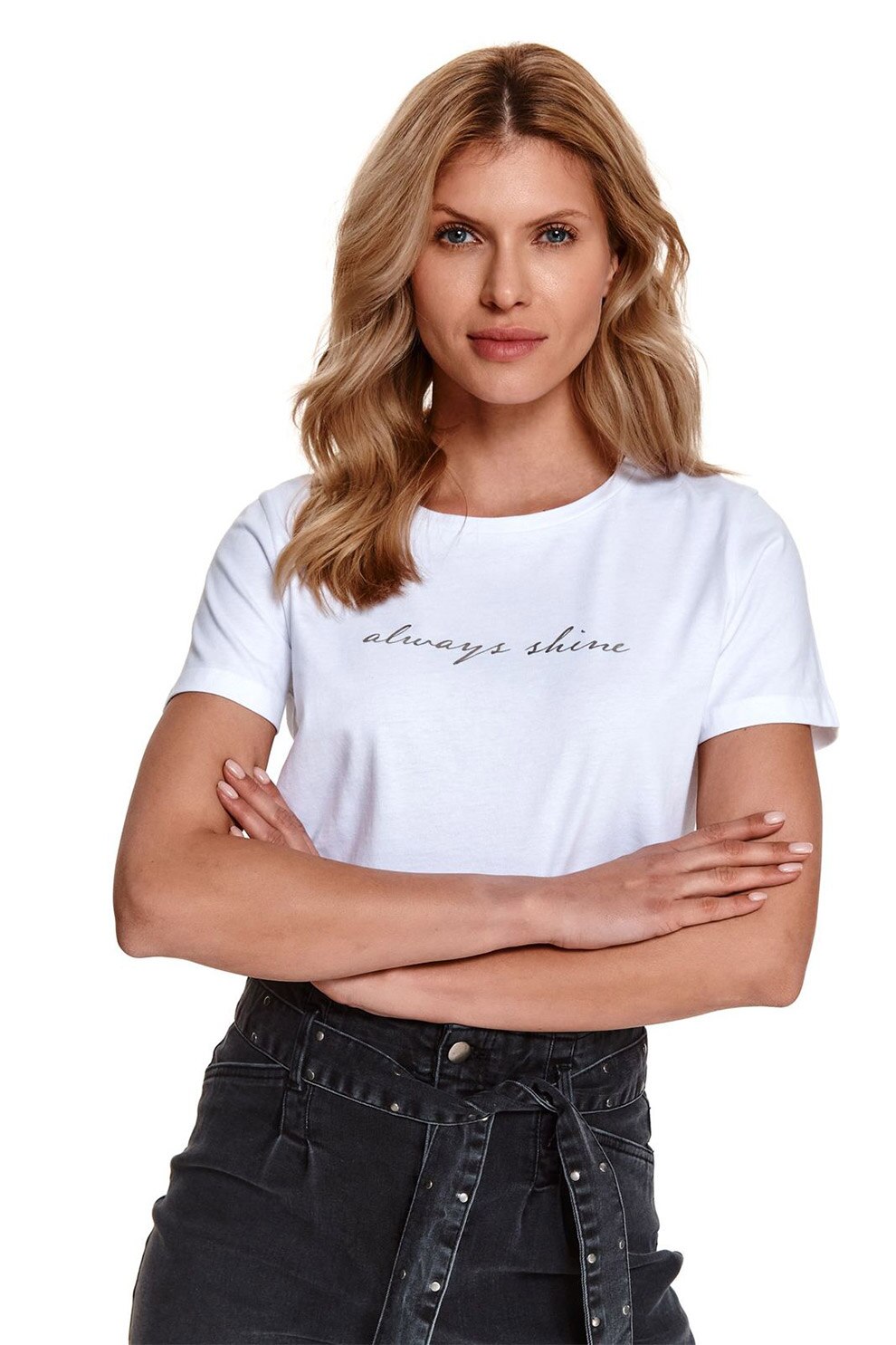 Top Secret, Tricou cu imprimeu text metalizat, Alb/Negru, M